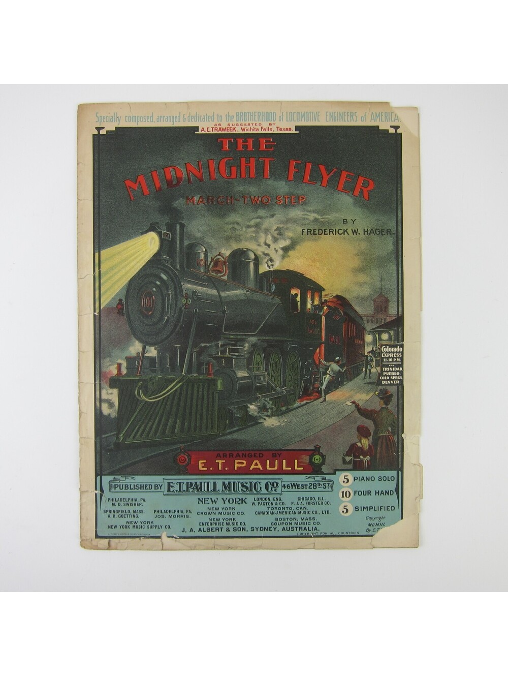 Sheet Music The Midnight Flyer March Two Step Frederick W. Hager Antique 1903